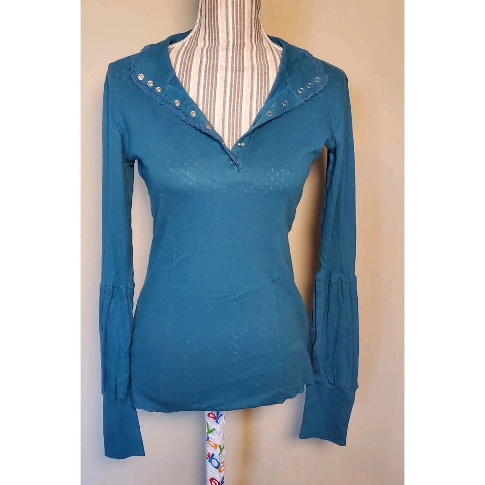 TULLE  Top XL Extra- Longsleeve‎ T Cotton Stretch Fitted Turquoise Snap Closure